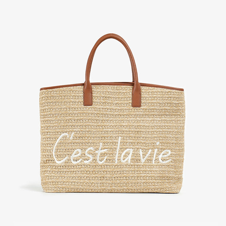 Casual Straw Tote Bag with Letter Decoration for Women