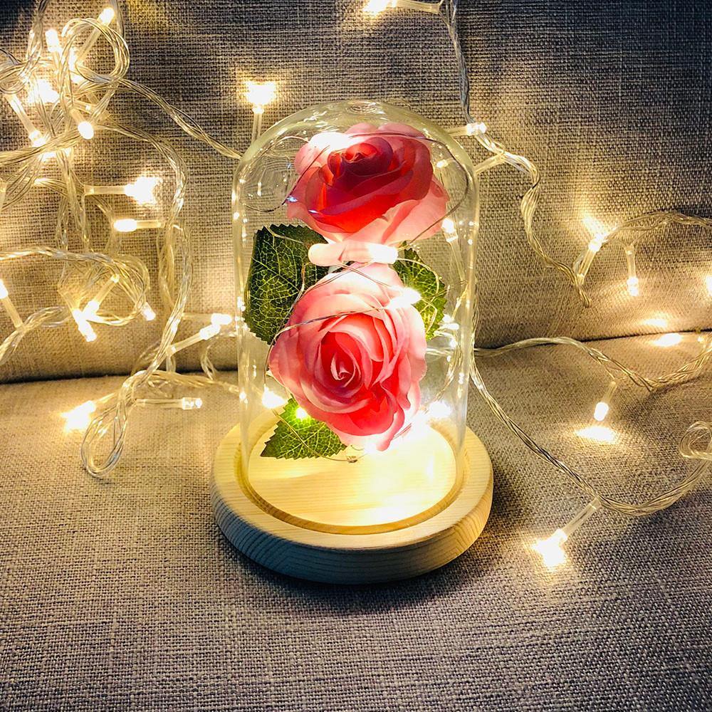 Romantic Immortal Flower Micro Landscape Rose Simulation Glass Shade Led Llight