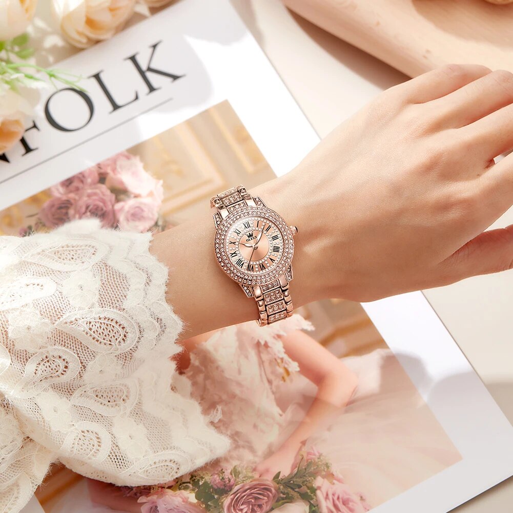 Diamond-Encrusted Stainless Steel Quartz Watch for Women