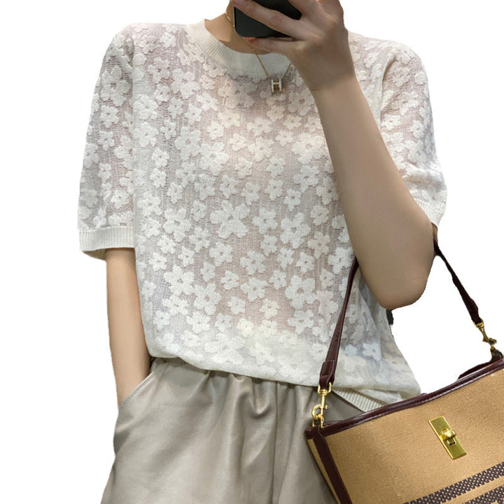 Slightly See-through Thin Half-sleeved Loose Jacquard Hollow T-shirt