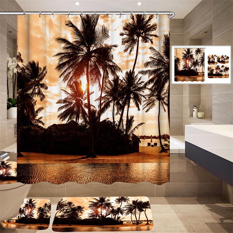 180*180cm Tropical Design Bathroom Shower Curtain 3pcs Carpets Bathroom Bath Mat Set