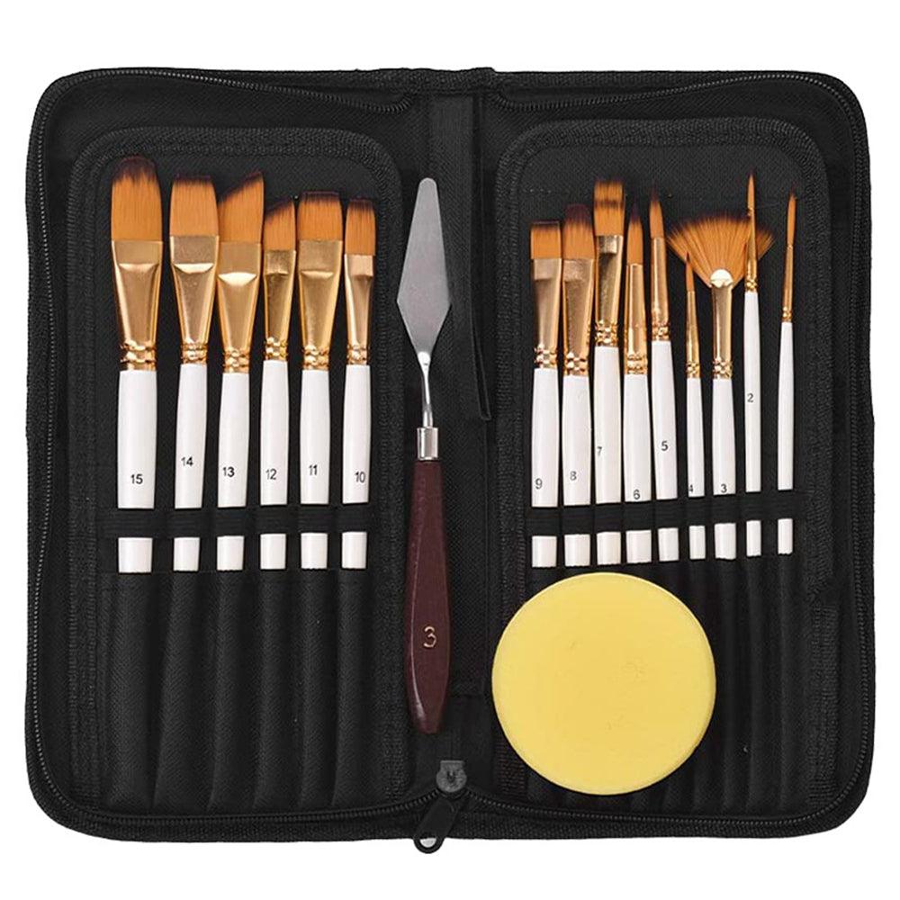 17Pcs Paint Brush Set Includes Pop-up Carrying Case with Palette Knife and 1 Sponges for Acrylic Oil Watercolor Gouache Painting - MRSLM