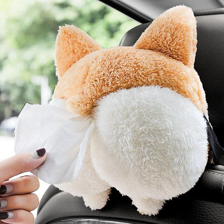 Charming Corgi Bottom Car Tissue Box - Soft Plush Armrest Napkin Holder