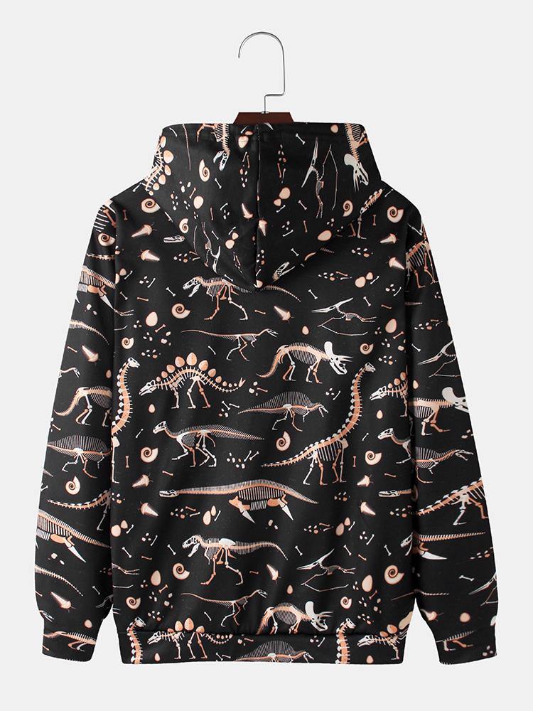 Mens Allover Dinosaur Fossil Print Loose Casual Kangaroo Pocket Drawstring Hoodies