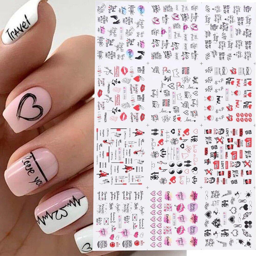 12 Pcs Nail Art Stickers Love Letter Flower Sliders Nail Art Decoration Valentine's Day Transfer Stickers - MRSLM