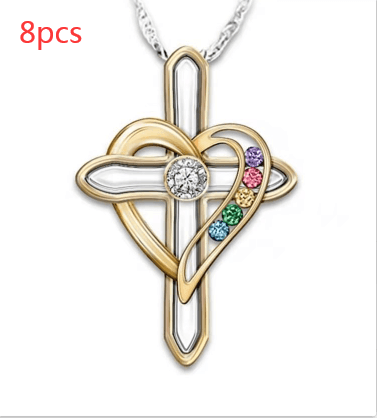 Cross Love Colorful Imitatio Gemstone Pendant Alloy Clavicle Chain