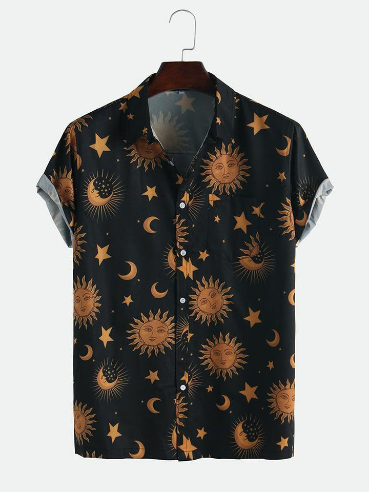 Men Sun Moon Print Short Sleeve Relaxed Shirts