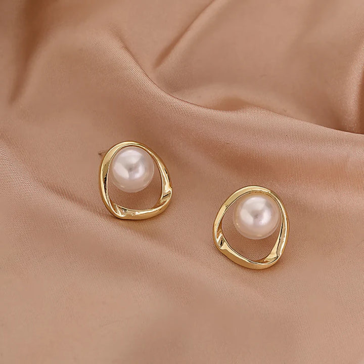 Gold Color Simulated Pearl Stud Earrings