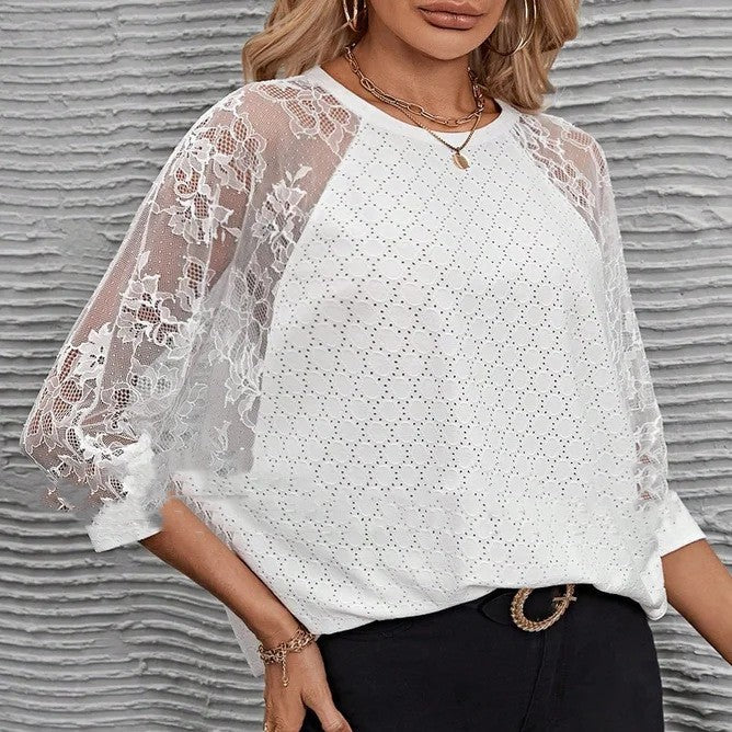 Fashion Lace Casual Women's Patchwork Round Neck Top