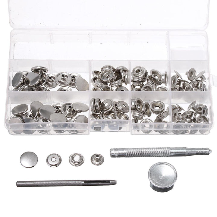 120Pcs 15mm Heavy Duty Silver Snap Fastener Press Studs Button With Tool