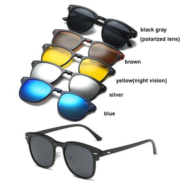 5 in 1 TR-90 Polarized Magnetic Glasses Clip On Magnetic Lens Sunglasses UV-proof Night Vision with Leather Bag - MRSLM