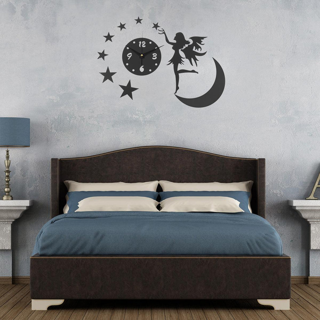 3D DIY Clock Acrylic Mirror Wall Sticker Fairy Angel Moon Star TV Backdrop Home Bedroom Wall Decoration Art Supplies