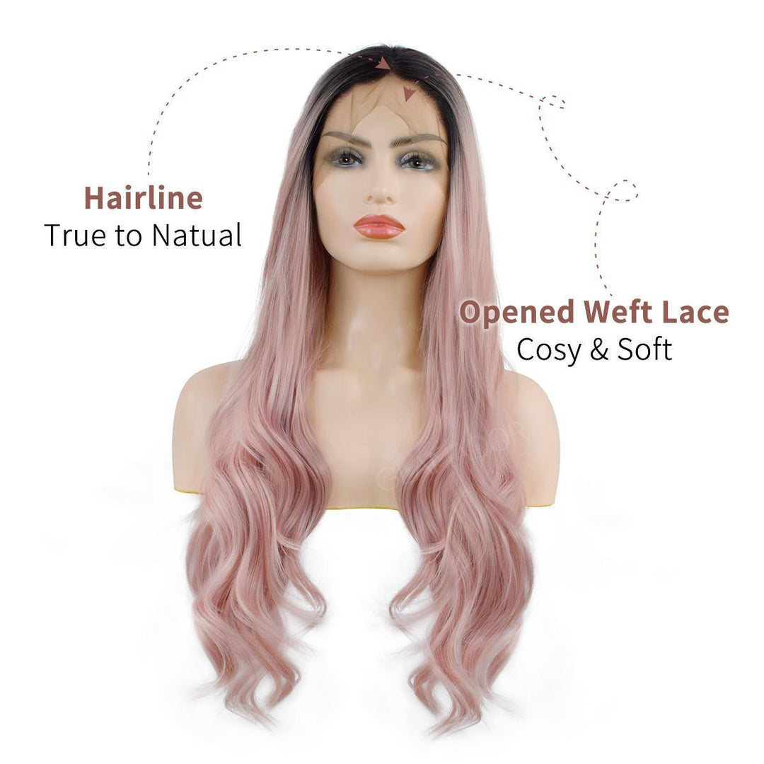 24 Inch T Pink Wig Front Lace Chemical Fiber Wig ladies high temperature silk half hand hook big curly hair