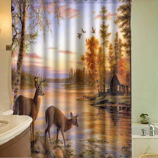 150x180cm Polyester Fiber Waterproof Deer Shower Curtain With 12 Hooks Bathroom Decor