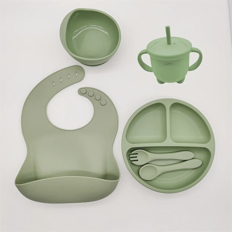 Baby Silicone Feeding Set 6PCS - Suction Bowl, Bib, Cup, Fork, Spoon & Plate - BPA Free