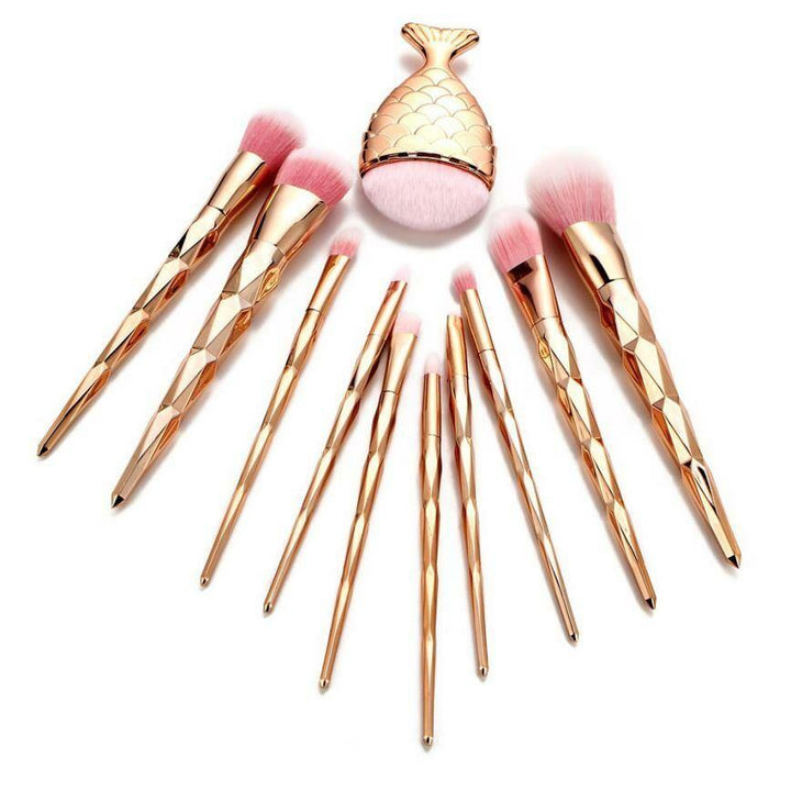 11PCS Mermaid Makeup Brushes Set Fishtail Shaped Foundation Powder Cosmetics Brushes Make Up Tools