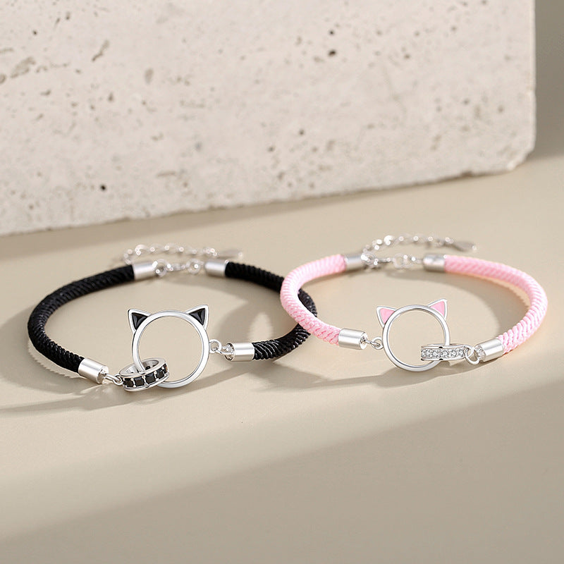 Hollow Out Cat Double Couple Bracelet With Silver Cartoon Minimalist Bracelet