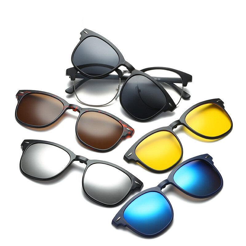 5 in 1 TR-90 Polarized Magnetic Glasses Clip On Magnetic Lens Sunglasses UV-proof Night Vision with Leather Bag