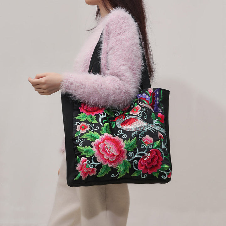 Elegant Phoenix Embroidered Canvas Shoulder Bag for Women