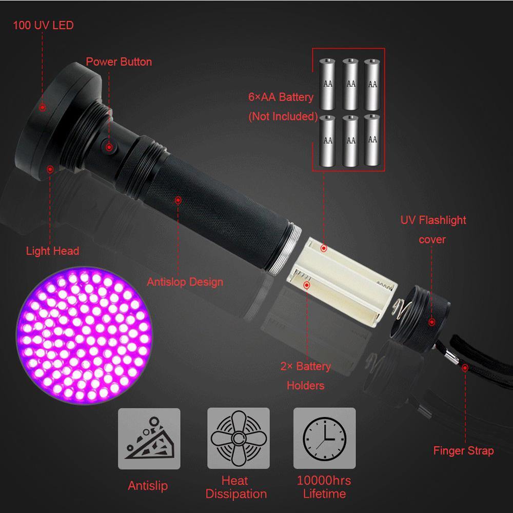 UV Flashlight 10W 100 LEDs 395nm UV LED Torch Back Detector Light for Dog Cat Urine Pet Stains Bed Bugs Scorpions