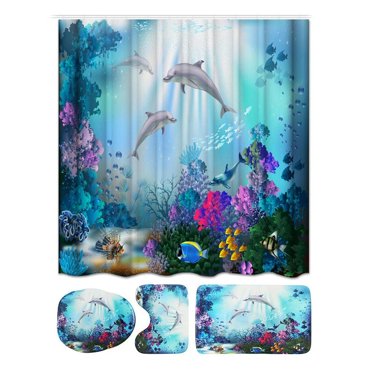 1/3/4 Pcs Sea Style Dolphin Waterproof Shower Curtain Set Toilet Cover Mat Bathroom Non-Slip Mat Pedestal Rug Kit