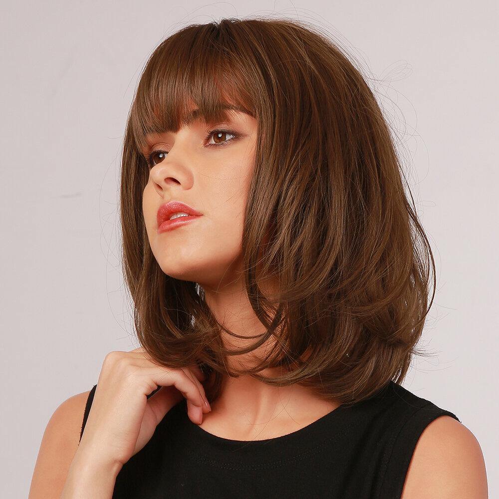 12 Inch Dark Brown Short Straight Hair Bangs Bob Head Full Head Cover Wig