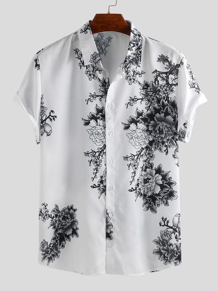 Mens Chinese Style Porcelain Floral Printed Short Sleeve Turn Down Collar Casual Shirts