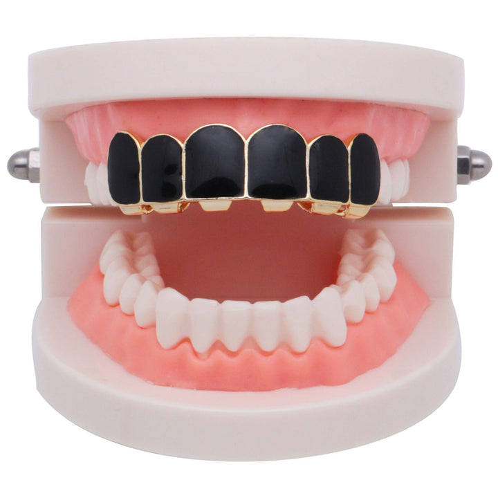 Punk Black Matte Braces Hiphop Grillz Gold Plated Dentures Set Teeth Jewelry