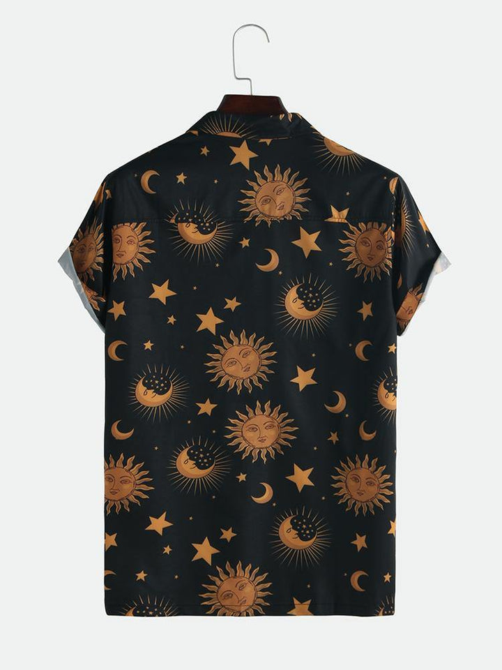 Men Sun Moon Print Short Sleeve Relaxed Shirts