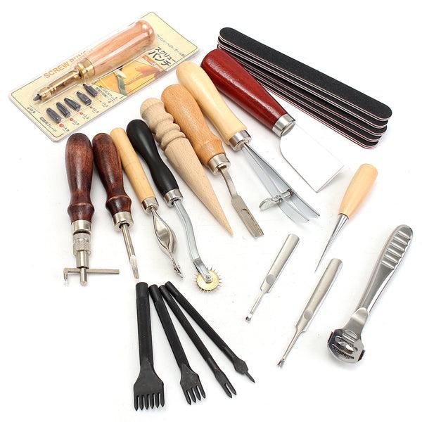 20pcs Wood Handle Leather Craft Tool Kit Leather Hand Sewing Tool Punch Cutter DIY Set