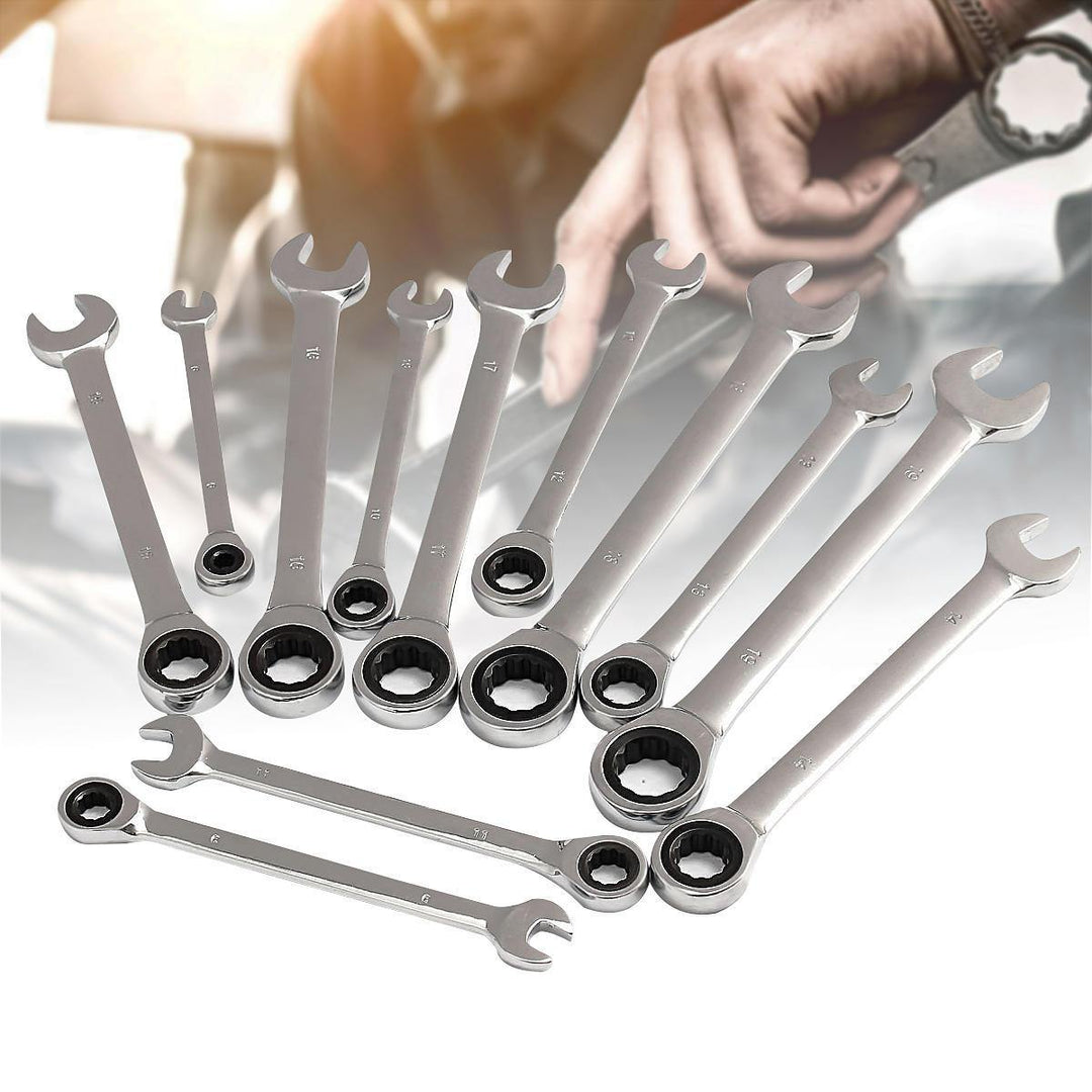 12Pcs 6-19mm Ratchet Wrench Set Ratcheting Spanner Car Repair Tool DIY Open Ring - MRSLM