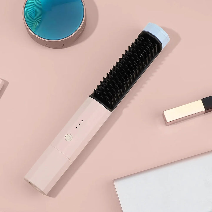 Portable Wireless Hair Styling Brush: Fast-Heating USB Rechargeable Straightener & Curler