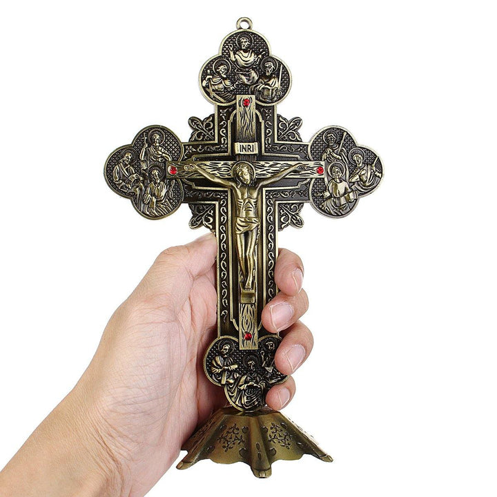 10" Antique Jesus INRI Catholic Altar Standing Religious Crucifix Cross Decorations with Base