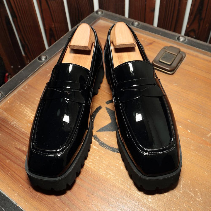 Slip-on Square-toed Black Patent Leather Men's Trendy Shoes