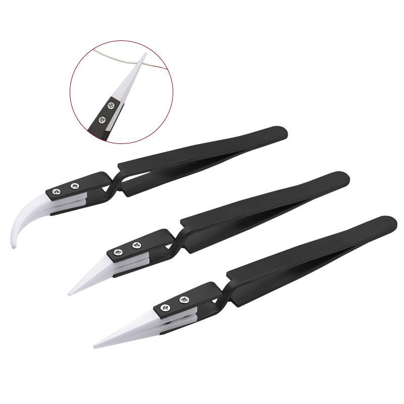 3PCS Anti-Static Reverse Ceramic Tweezers Stainless Steel Electronic CIigarette Heat Resistant Conductive Curved Straight Tweezers