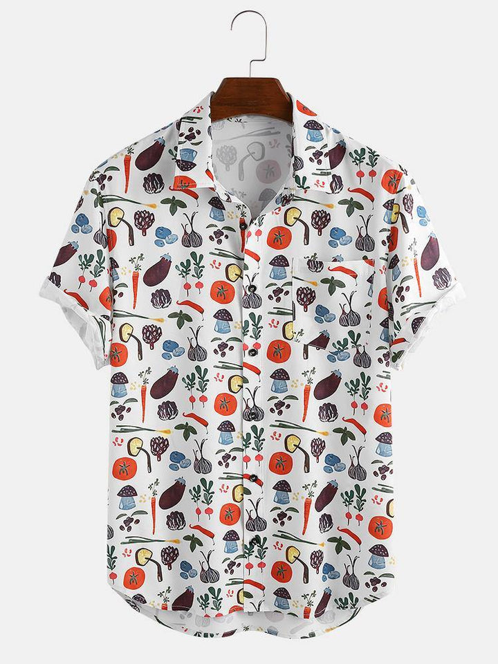 Mens Fashion Casual Vegetables Cartoon Print Turn Down Collar Short Sleeve Shirts - MRSLM