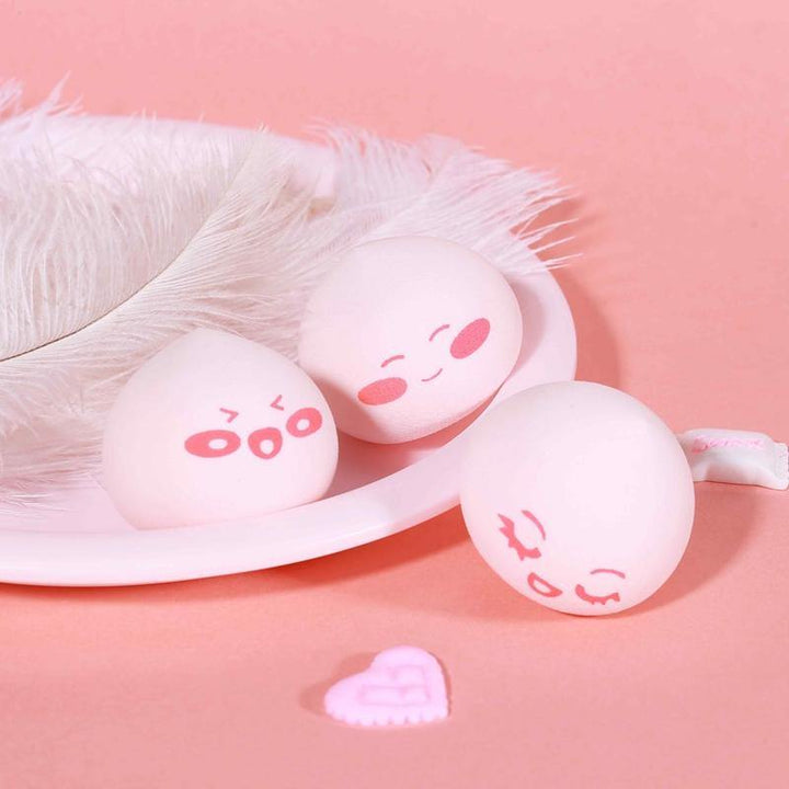 3PCS/SET makeup puff  sponge by WODWOD pink color peach shape with smile printing wet dry use maekup water drop sponge (#1)