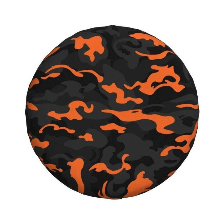 Rugged Camo Spare Tire Cover ‚Äì Black Orange Camouflage Wheel Protector for Off-Road and Outdoor Vehicles