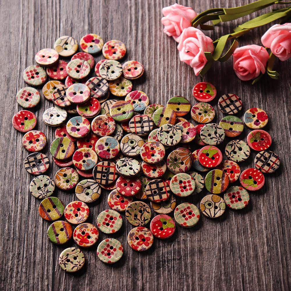 100 PCS Round Pattern Wooden Button Mixed 2 Hole Natural Sewing Children Handmade Clothes Buttons  (1)