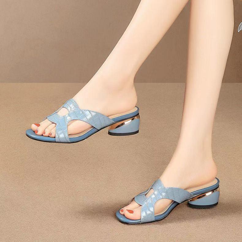 Lazy Lowheeled Leather Slippers Soft Leather Sandals And Slippers Female Fish Mouth Gold Midheel Shoes