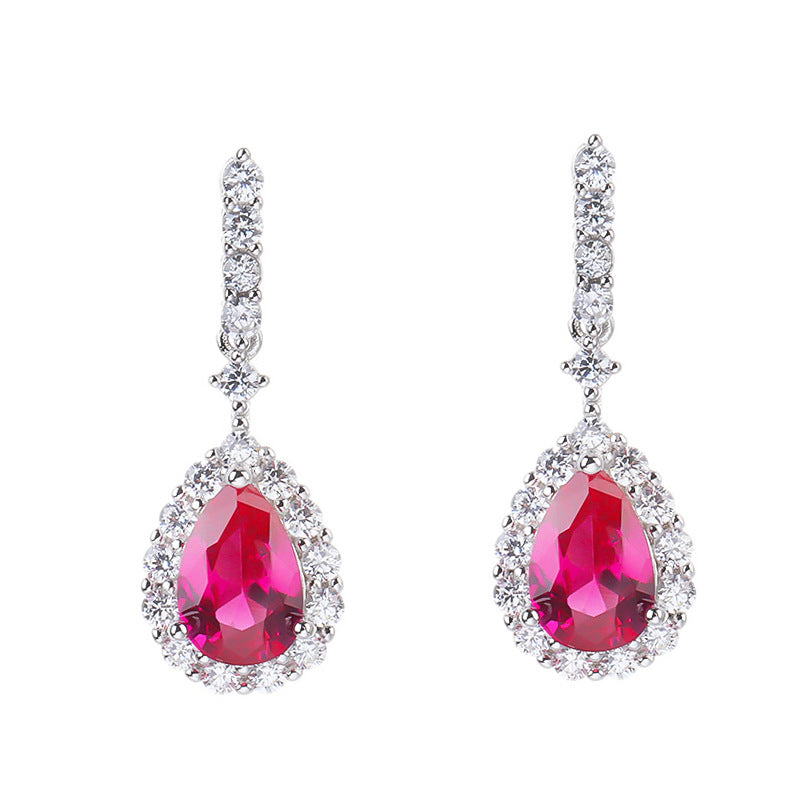 Female Sterling Silver Inlaid Red Corundum Zircon Water Drop Earrings