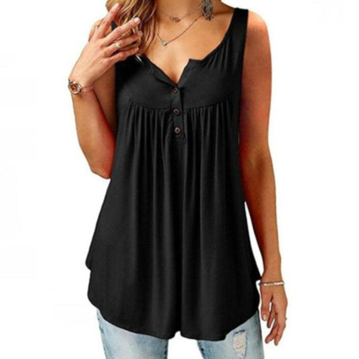 Solid Color Gathered Sleeveless Women's Casual T-Shirt Mid Length Button Vest