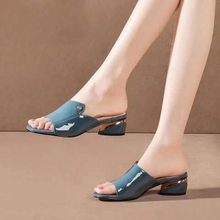 Lazy Lowheeled Leather Slippers Soft Leather Sandals And Slippers Female Fish Mouth Gold Midheel Shoes