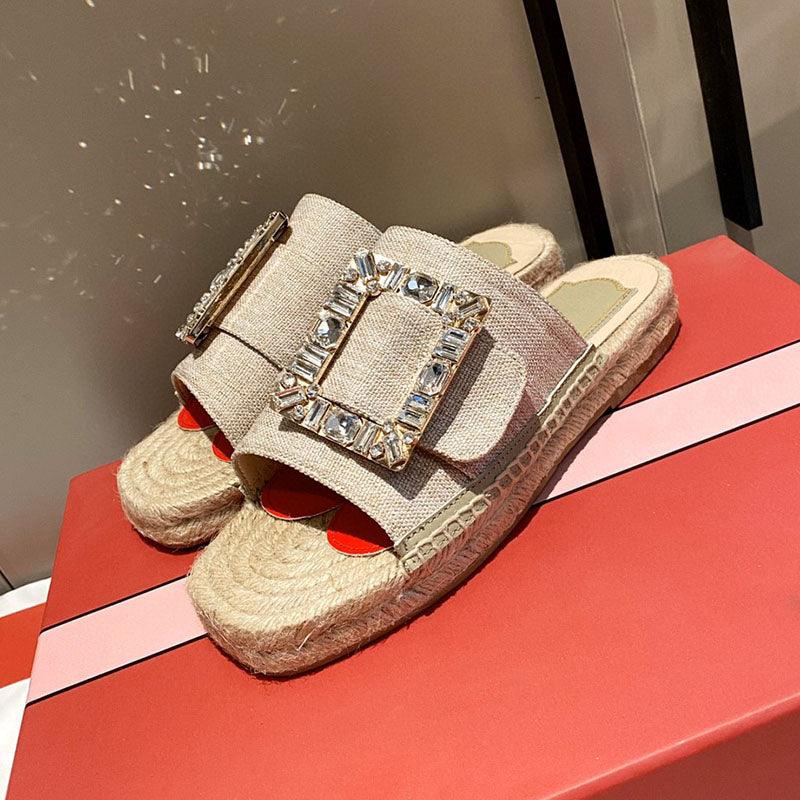 Women's Rhinestone Square Buckle Hemp Rope Slippers