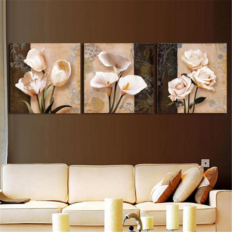 3Pcs Orchid Rose Flower Combination Painting On Canvas Frameless Drawing Home Wall Decor Paper Art (S)