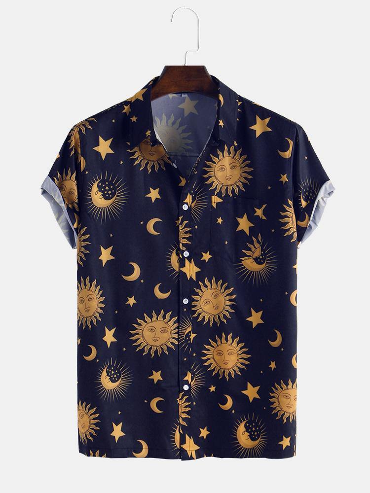 Men Sun Moon Print Short Sleeve Relaxed Shirts - MRSLM