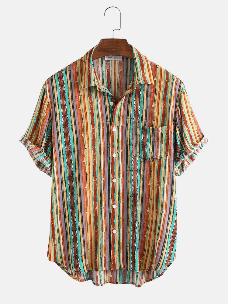 Mens Cotton Colorful Striped Pocket Short Sleeve Shirts - MRSLM