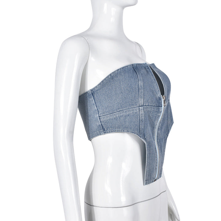 Irregular Zipper Wash Denim Tube Top