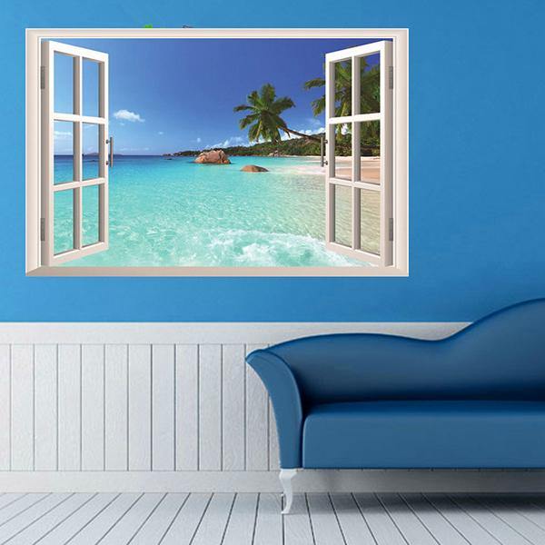 3D Hawaii Holiday Sea View Beach Window View Decal Wall Sticker