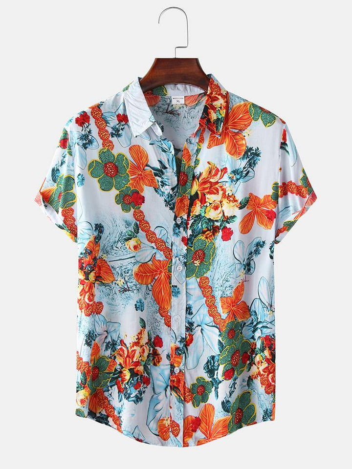 Mens Cotton Floral Oil Printing Turn Down Collar Short Sleeve Shirts